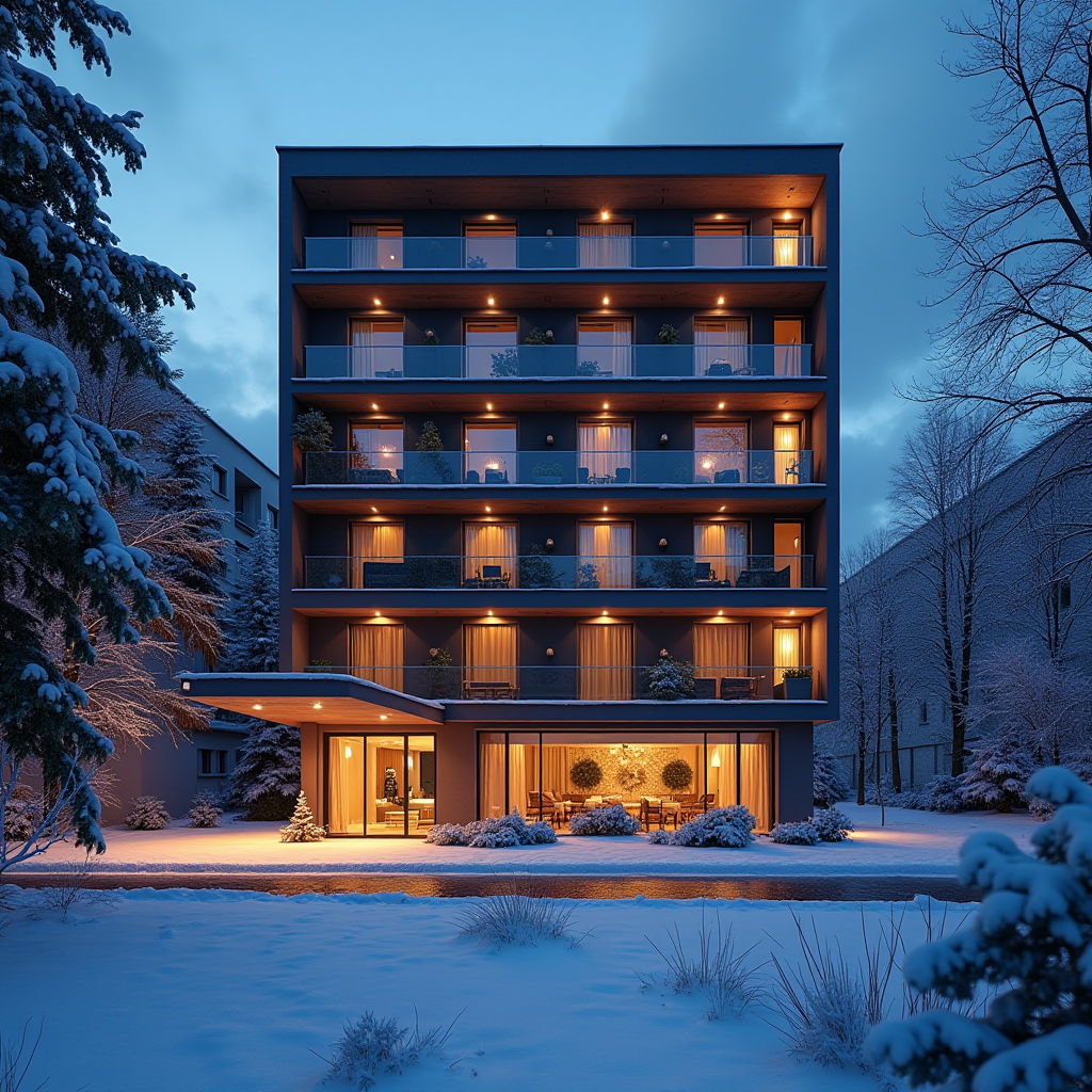 Затишний готель у Києві взимку з теплим освітленням, сучасний фасад будівлі на тлі засніженого міського пейзажу, вечірня атмосфера з вогнями вікон