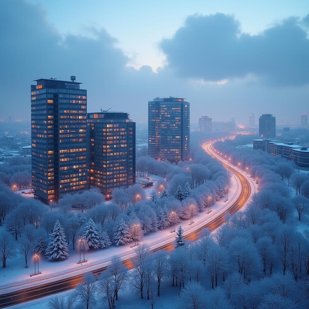 Панорамний вид засніженого Києва з сучасними готелями на передньому плані, зимовий вечір з теплим освітленням вікон, затишна атмосфера столичного міста