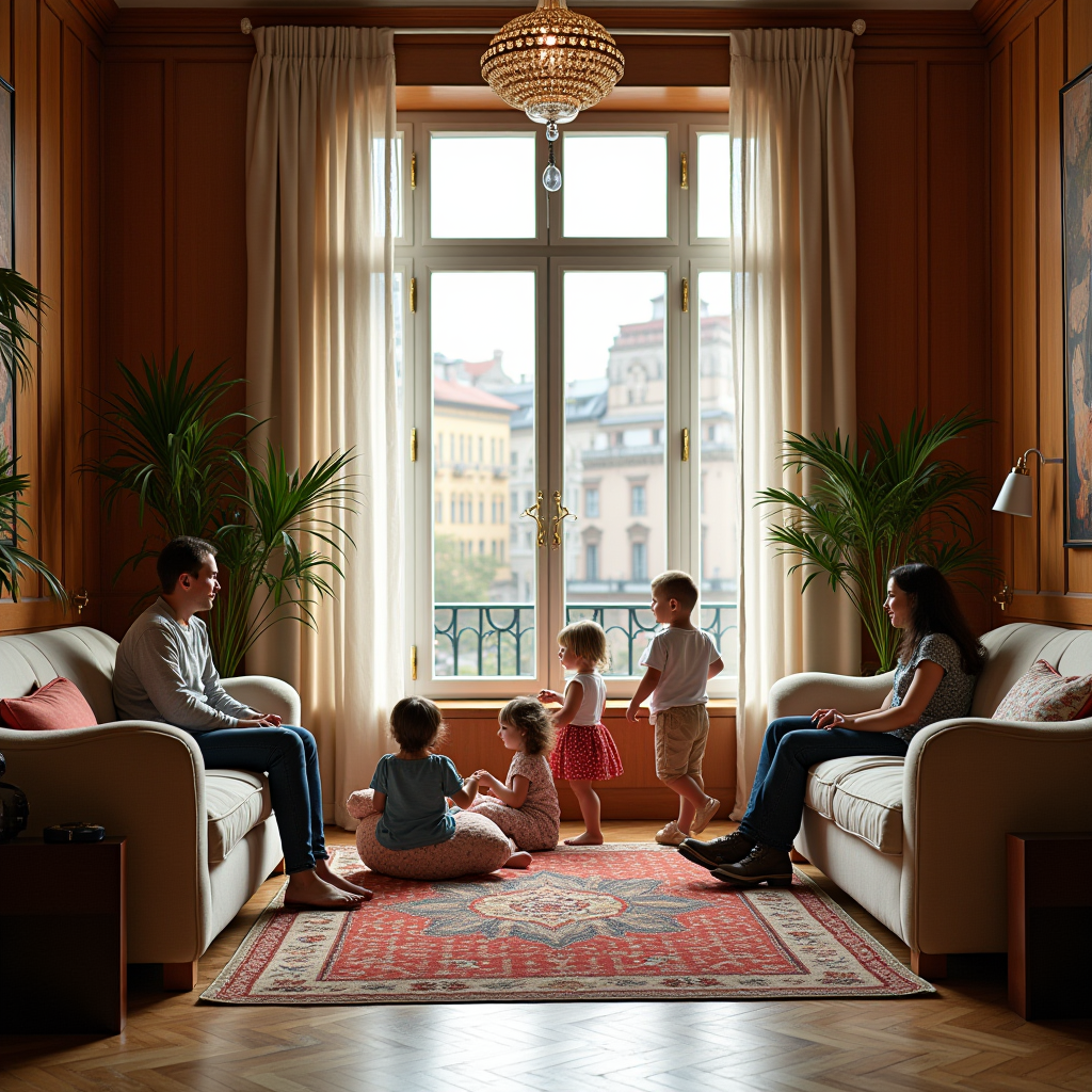 Затишний сімейний готель у центрі Львова з просторим холом, де діти граються біля великого вікна з видом на історичні будівлі, батьки відпочивають на зручних диванах, тепла атмосфера з дерев'яними меблями та українськими декоративними елементами