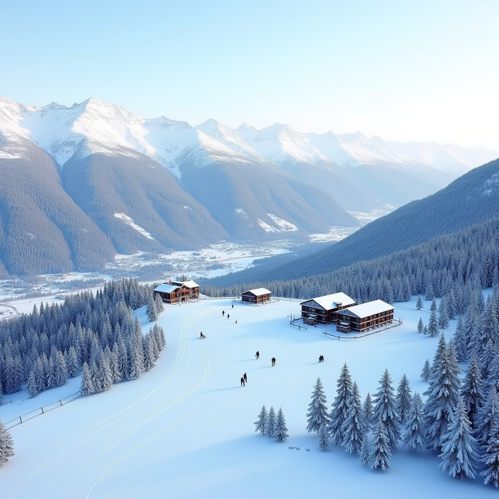 Панорамний вид на гірськолижний курорт Буковель взимку з засніженими схилами, підйомниками та готелями серед Карпатських гір