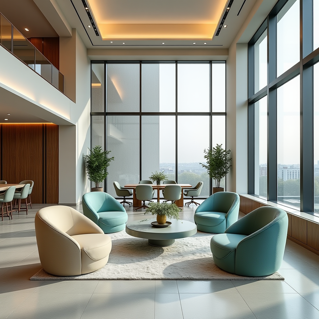 Сучасний бізнес-готель в Україні з просторим лобі, зручними робочими зонами, м'якими кріслами для переговорів, великими вікнами з природним освітленням, стильним дизайном в бежево-бірюзових тонах