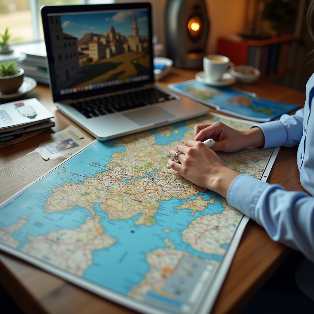 Людина планує подорож Україною, переглядаючи карту та інформацію про готелі на ноутбуці, оточена туристичними брошурами та путівниками