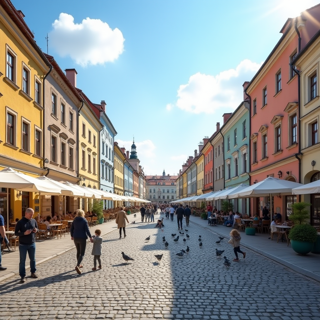 Панорамний вид на площу Ринок у Львові з історичними кам'яницями різних кольорів, сім'ї прогулюються бруківкою, діти годують голубів, кафе з літніми терасами, сонячний день з блакитним небом