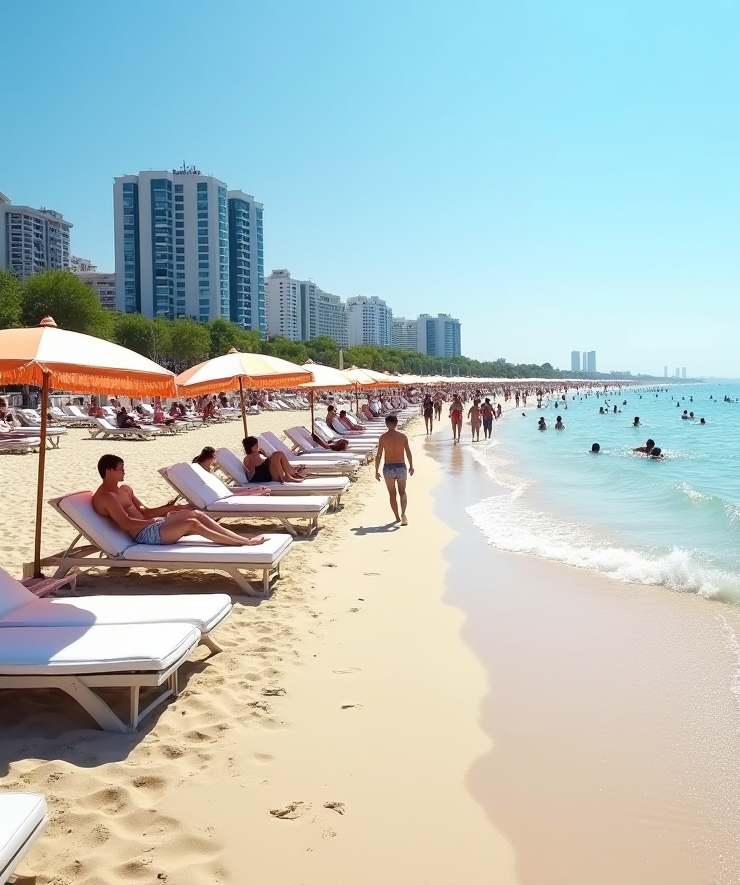 Популярний одеський пляж влітку з відпочиваючими, пляжними парасольками, шезлонгами, блакитною водою Чорного моря та готелями на задньому плані