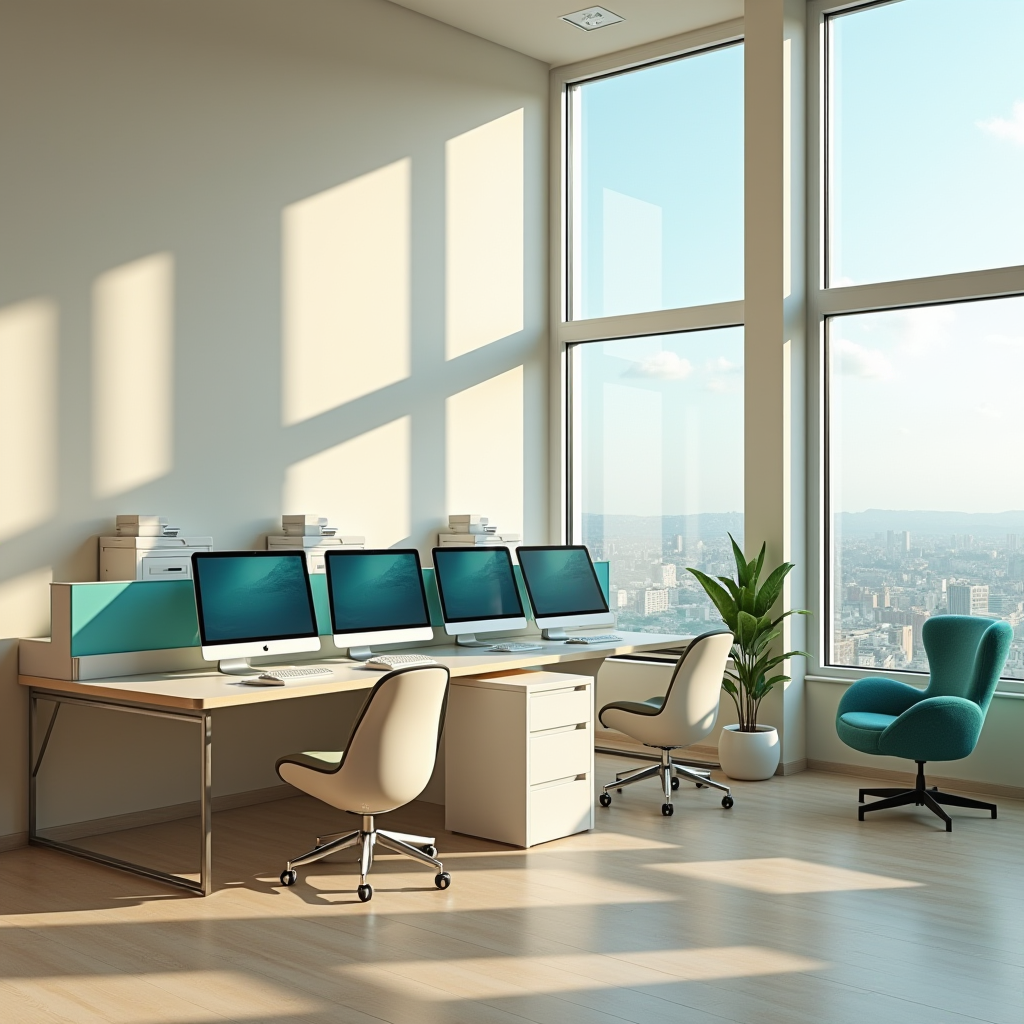 Бізнес-центр готелю з сучасними робочими місцями, комп'ютерами, принтерами, зручними столами та кріслами, великими вікнами, професійним освітленням, в світлих бежевих тонах з акцентами бірюзового кольору