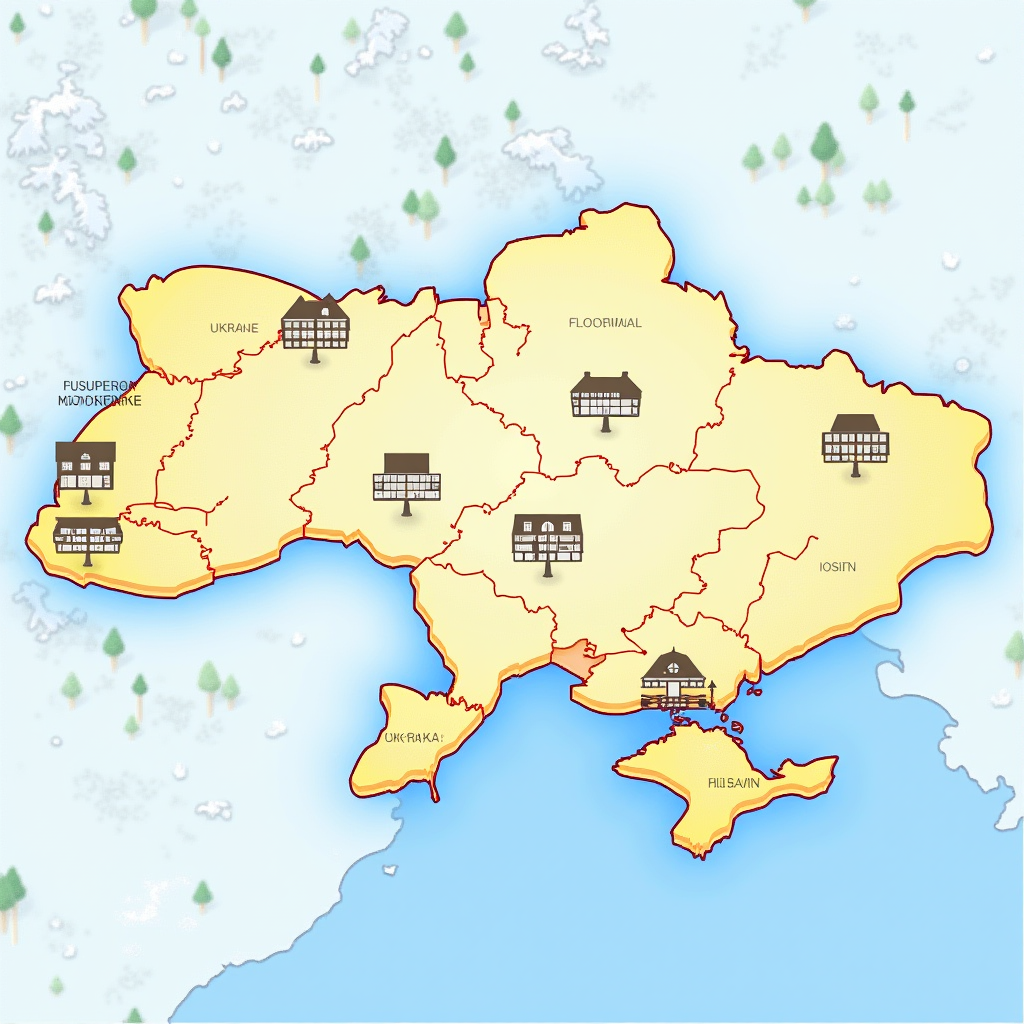 Інтерактивна карта України з позначеними найкращими готелями та туристичними напрямками, що демонструє різноманітність готельної інфраструктури країни