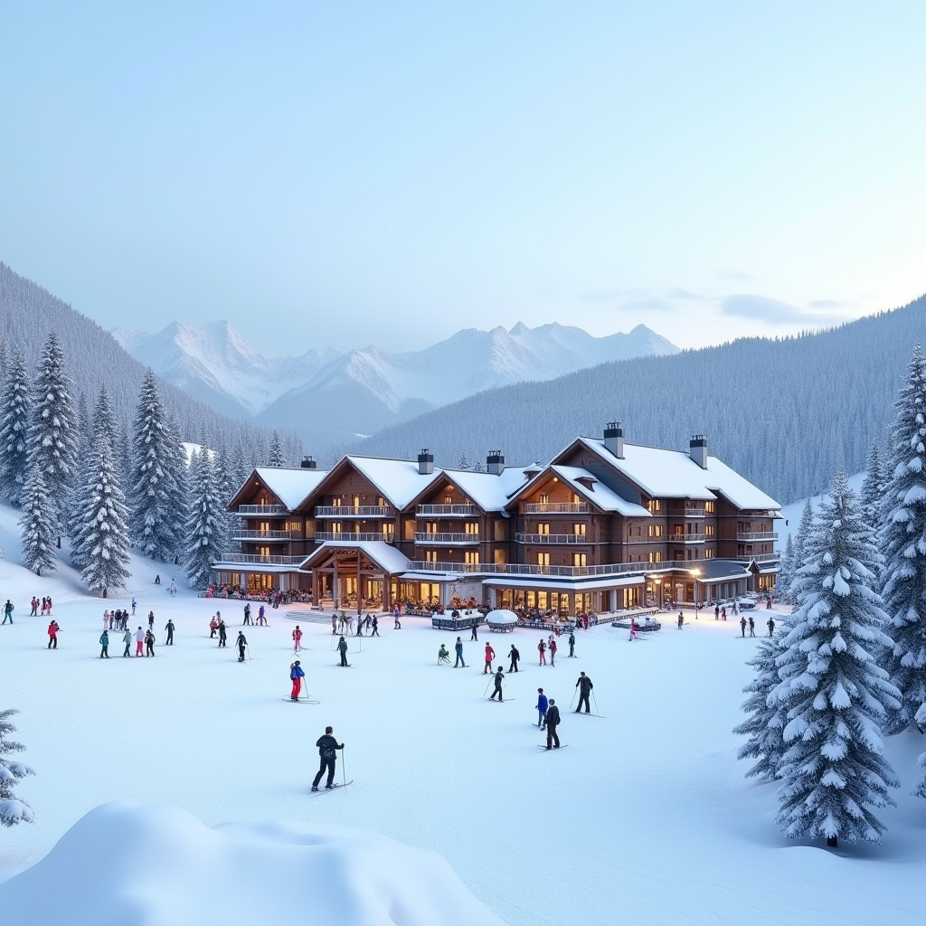 Гірськолижний курорт Буковель взимку, сучасний готель біля схилів, засніжені гори на задньому плані, лижники на трасах, підйомники та затишна атмосфера зимового відпочинку