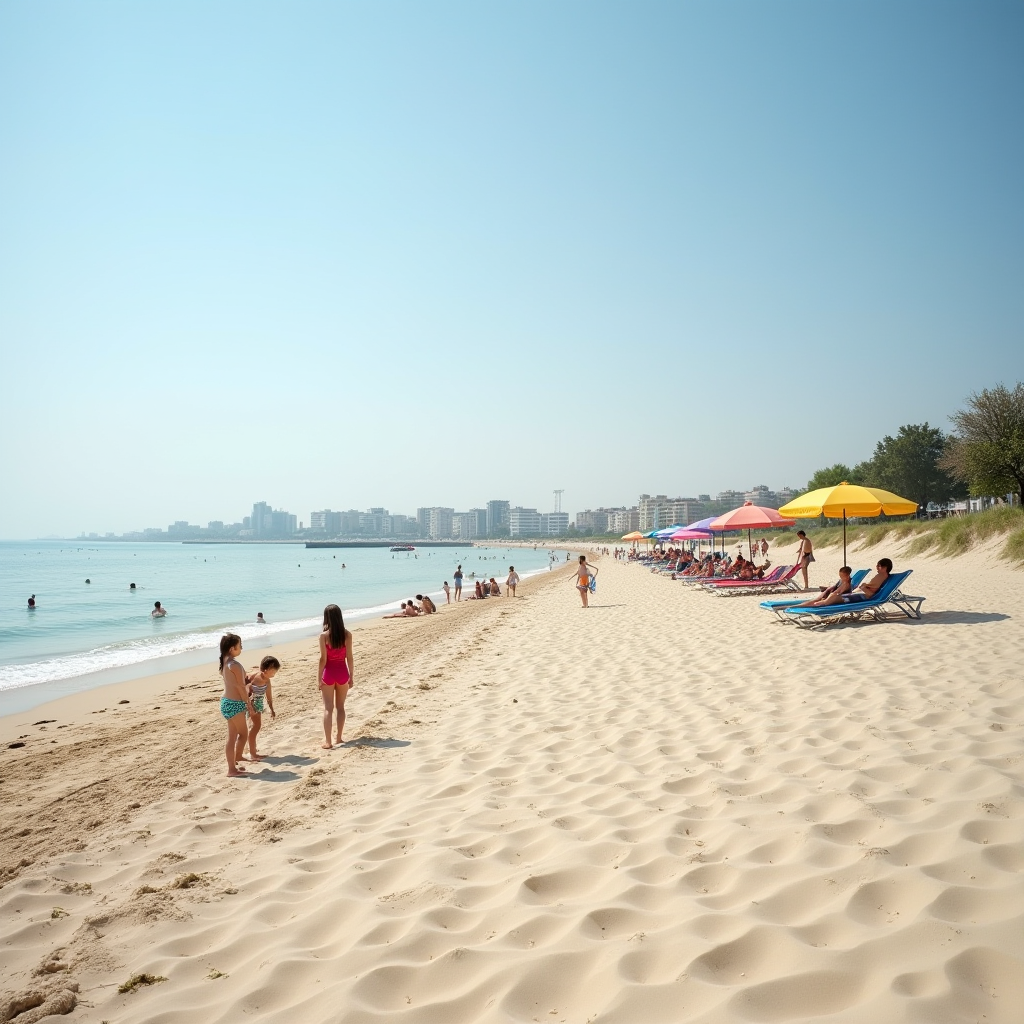 Пляж Ланжерон в Одесі з сімейними зонами відпочинку, чистим піском, спокійним морем, дітьми що граються біля води, затишна атмосфера