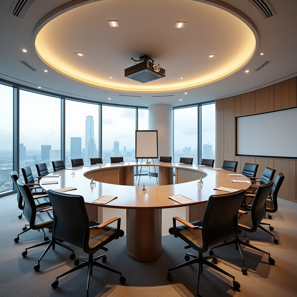 Сучасна конференц-зала готелю з великим столом для переговорів, зручними кріслами, проектором, екраном, флипчартом, панорамними вікнами з видом на місто, в світлих тонах з професійним освітленням