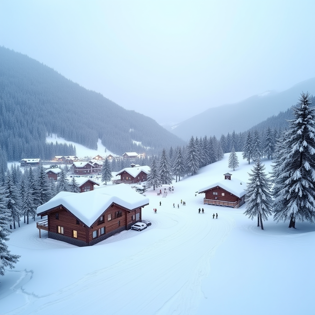 Гірськолижний курорт Буковель взимку з засніженими схилами, підйомниками та затишними готелями біля траси, ідеальне місце для зимового відпочинку в Карпатах