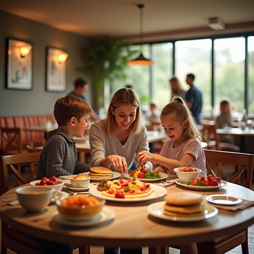 Затишна ресторанна зала готелю зранку, шведський стіл з різноманітними стравами, сім'я з двома дітьми обирає їжу, окремий дитячий куточок з млинцями та фруктами, природне світло через великі вікна, теплий інтер'єр