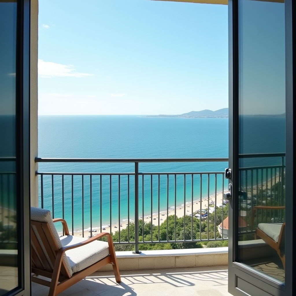 Вид з балкону готелю на Чорне море в Одесі, панорамний вид на узбережжя, сонячний день, блакитна вода, пляж внизу