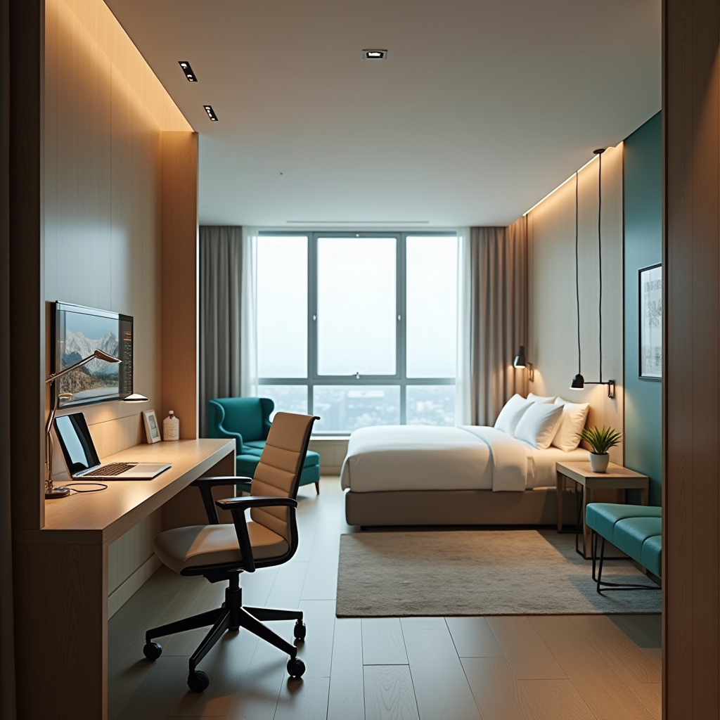 Номер бізнес-готелю з просторою робочою зоною, великим столом, ергономічним кріслом, ноутбуком, настільною лампою, зручним ліжком на задньому плані, панорамним вікном, в світлих бежевих тонах з акцентами бірюзового