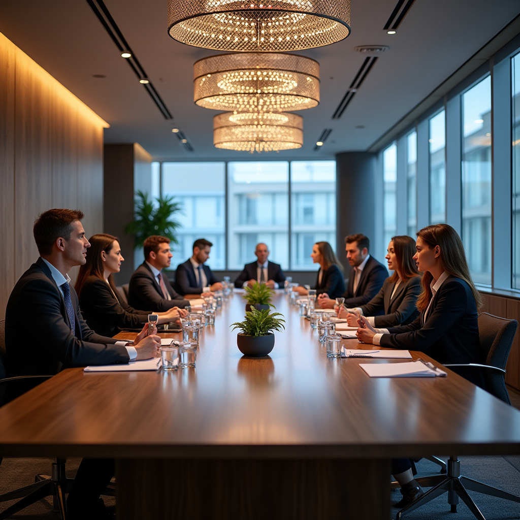 Сучасний бізнес-готель в Україні, елегантний конференц-зал з технологічним обладнанням, професійна атмосфера, ділові люди на зустрічі, стильний інтер'єр офісного простору