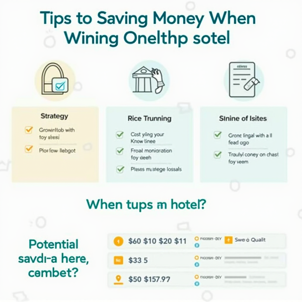 Візуальна інфографіка з порадами щодо економії на бронюванні готелів, іконки з різними стратегіями, калькулятор потенційної економії, графіки порівняння цін