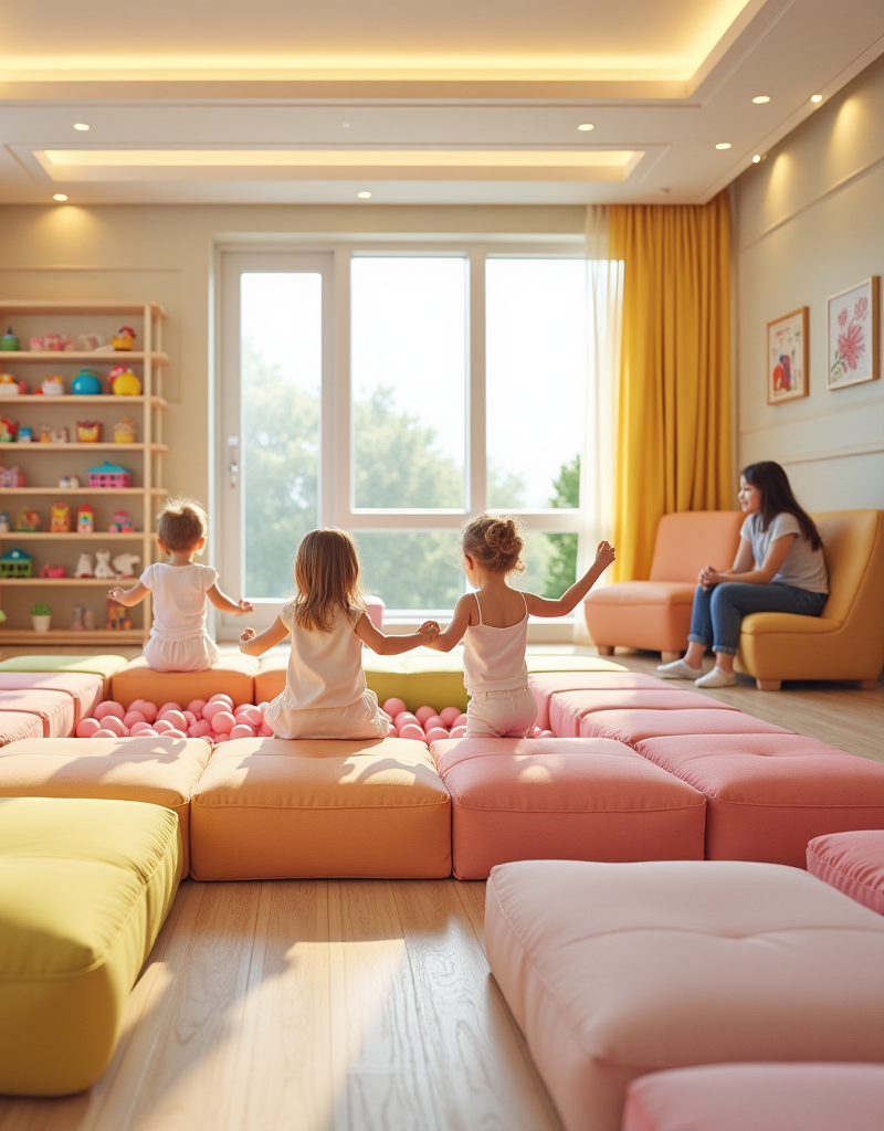 Яскрава дитяча ігрова кімната в готелі з м'якими модулями різних кольорів, сухим басейном з кульками, стелажами з іграшками, діти різного віку граються, батьки спостерігають з зручних крісел, безпечне та чисте середовище