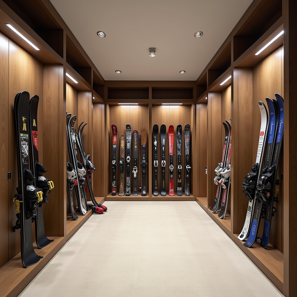 Лижна кімната готелю з стійками для зберігання спорядження, сушарками для черевиків та організованим простором для лиж і сноубордів