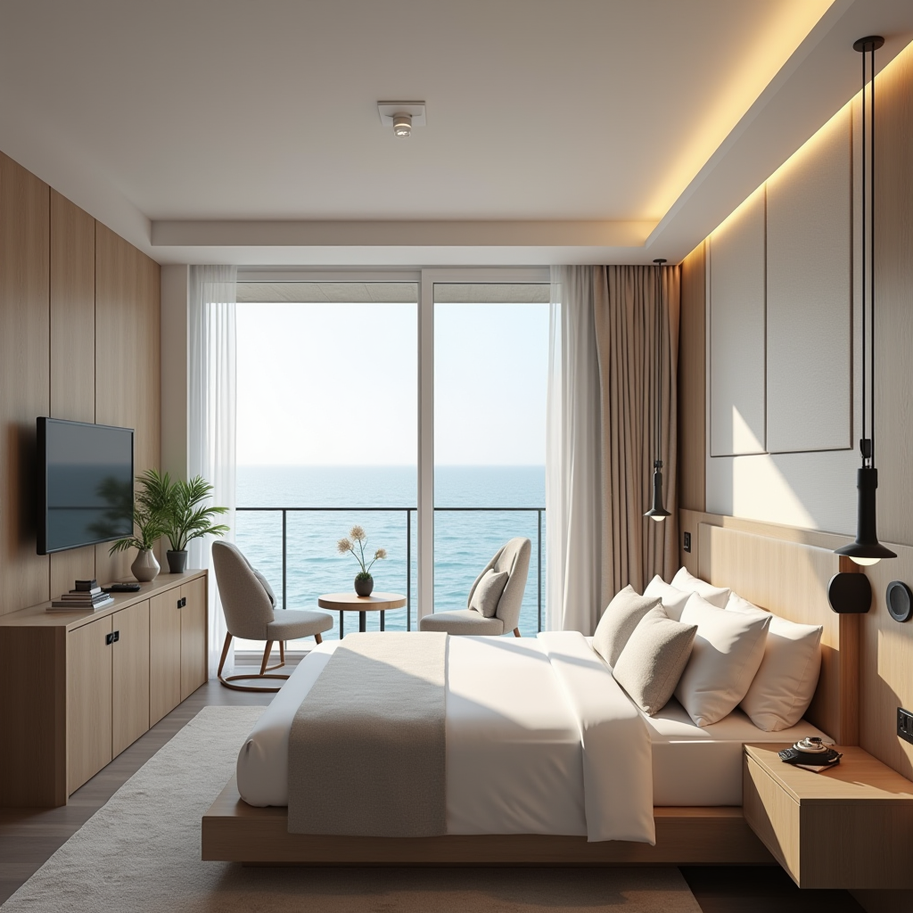 Інтер'єр готельного номера в Одесі з видом на море, сучасний дизайн, зручне ліжко, балкон з кріслами, світлі тони, затишна атмосфера