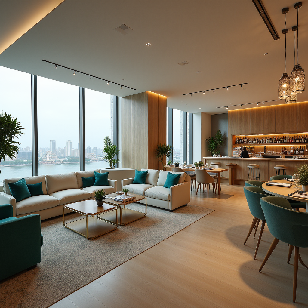 Executive lounge бізнес-готелю з комфортними меблями, барною стійкою, закусками, напоями, робочими зонами з ноутбуками, панорамними вікнами, в елегантному дизайні з бежевими та бірюзовими акцентами