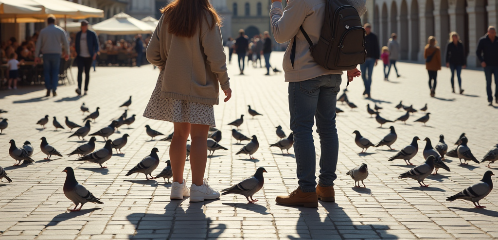 Сім'я з дітьми на площі Ринок у Львові, батьки фотографують дітей на тлі історичних кам'яниць, голуби навколо, туристи прогулюються, кафе з літніми терасами, сонячний день, атмосфера старовинного європейського міста