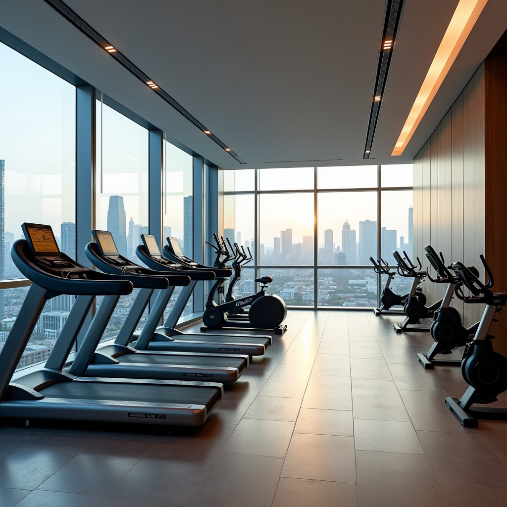 Сучасний фітнес-центр готелю з біговими доріжками, велотренажерами, силовими тренажерами, великими дзеркалами, панорамними вікнами з видом на місто, в світлому приміщенні з якісним освітленням