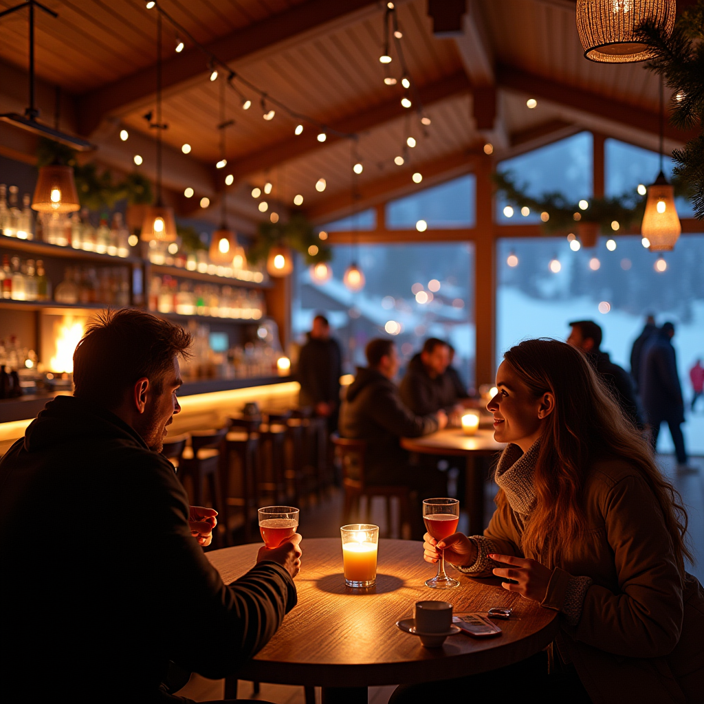 Затишний après-ski бар у Буковелі ввечері з теплим освітленням, людьми біля каміна, гарячими напоями та атмосферою відпочинку після катання