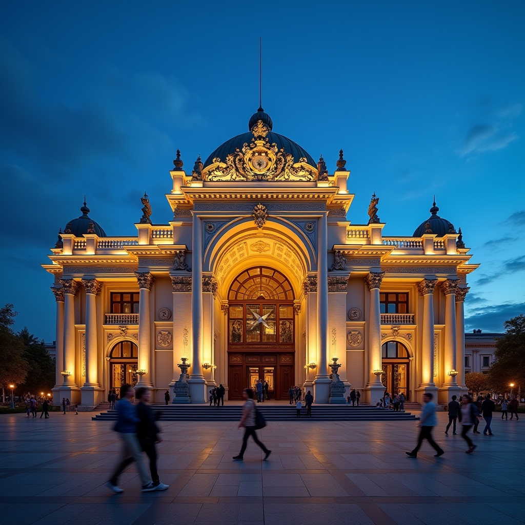 Одеський оперний театр увечері з підсвіткою, красива архітектура, туристи на площі, культурна пам'ятка міста